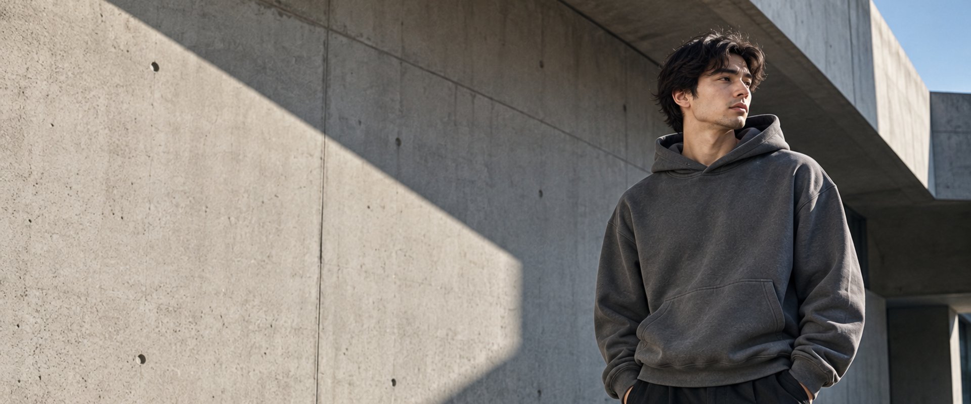 Person in a graphite hoodie standing by a raw concrete wall